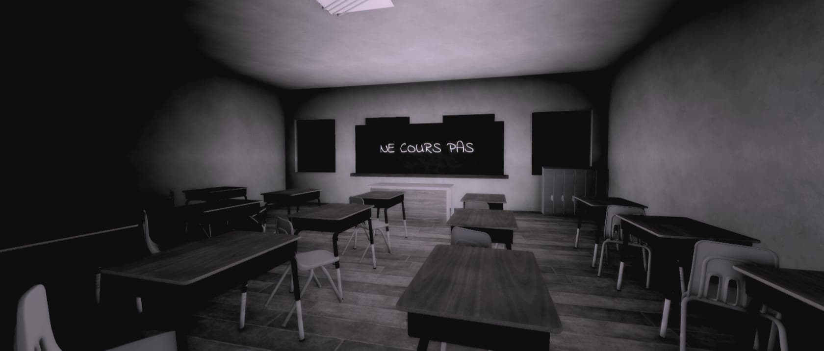 Tableau noir d’une salle de classe où est écrit « Ne cours pas »
