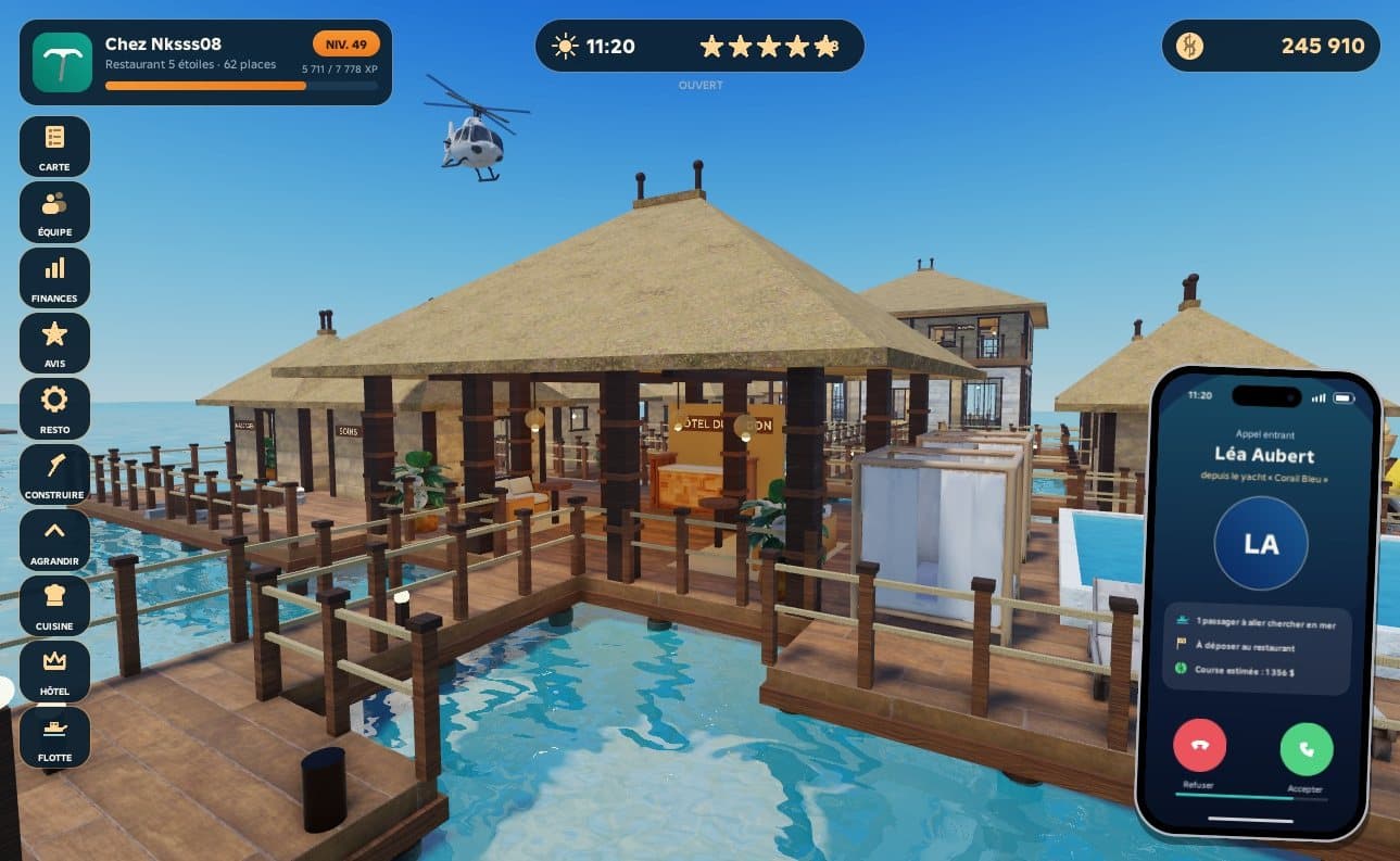Un appel VIP sur le téléphone du jeu, devant les bungalows du lagon